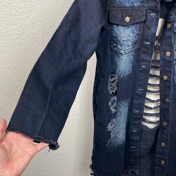 Thrill Jeans Destructed Destroyed Slashed Denim Jean Jacket Longline Oversized M - Picture 2 of 10